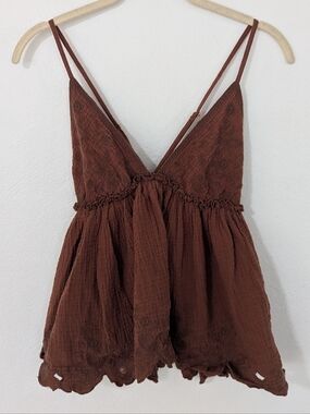 Free People Sunny Days Cami Floral Embroidered Scalloped Gauzy Brown Small S